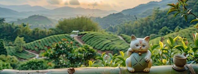 a figure of a lucky cat on the background of nature. selective focus