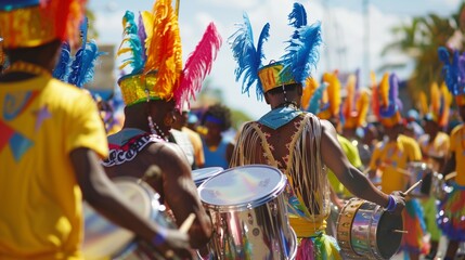 A vibrant Caribbean carnival features steel drum bands, feathered costumes, street dancers, and festive joy.