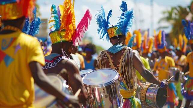 A vibrant Caribbean carnival features steel drum bands, feathered costumes, street dancers, and festive joy.
