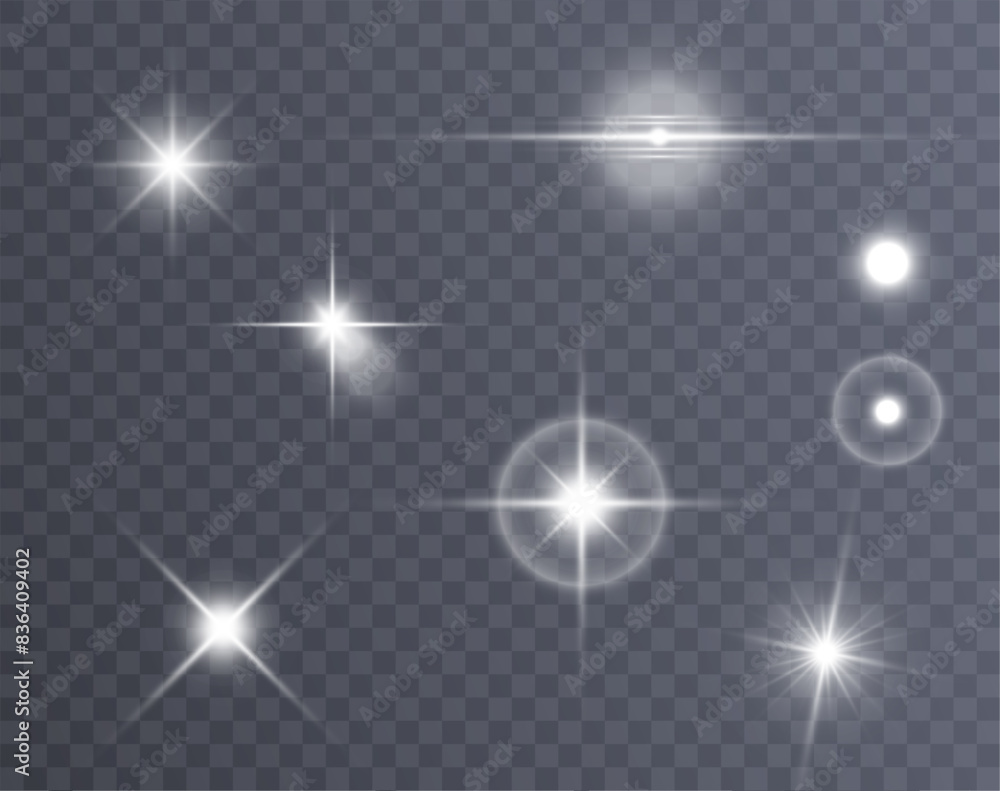 Poster Set of isolated transparent highlights. Bright shining highlights. Vector flickering elements. Glowing effects for vector illustrations.