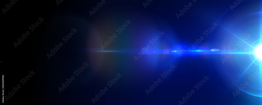 Poster Light effect of blue glowing light. Solar flare. Glow effect. Starbursts with twinkling highlights. Beautiful light effect of flickering highlights. Vector 10 EPS
