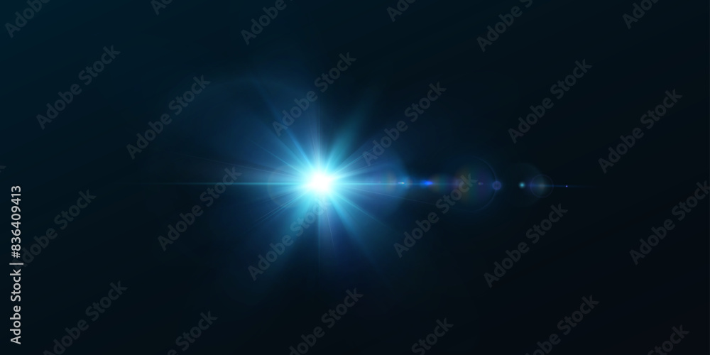 Poster light effect of blue glowing light. solar flare. glow effect. starbursts with twinkling highlights. 