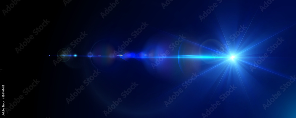 Poster light effect of blue glowing light. solar flare. glow effect. starbursts with twinkling highlights. 