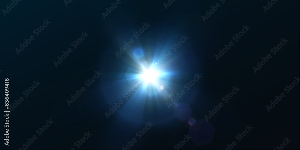 Poster light effect of blue glowing light. solar flare. glow effect. starbursts with twinkling highlights. 