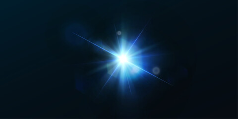 Light effect of blue glowing light. Solar flare. Glow effect. Starbursts with twinkling highlights. Beautiful light effect of flickering highlights. Vector 10 EPS