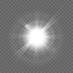 Light effect of white glowing light. Solar flare. Glow effect. Starbursts with twinkling highlights. Beautiful light effect of flickering highlights. Vector 10 EPS