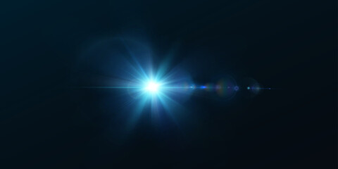 Light effect of blue glowing light. Solar flare. Glow effect. Starbursts with twinkling highlights. Beautiful light effect of flickering highlights. Vector 10 EPS