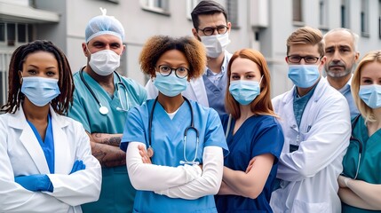 A diverse team of medical professionals in scrubs and lab coats stands confidently in an outdoor hospital setting, all wearing protective face masks.