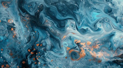 Obraz premium Ice blue and copper paint floating, Ink Pulse, subdued gleam flows through aqueous streams, group photo
