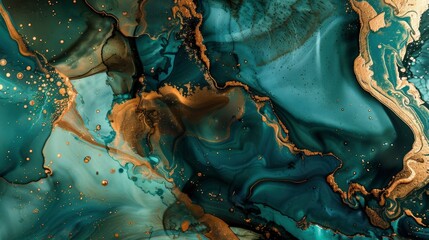  Jade and copper paint merging, Ink Artistry, subtle glow flows from liquid routes, artist portfolio