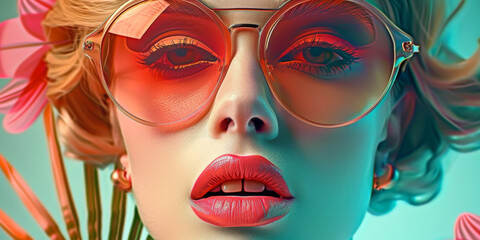 Obraz premium Retro style pastel colors summer background. Fashion woman wearing big sunglasses.
