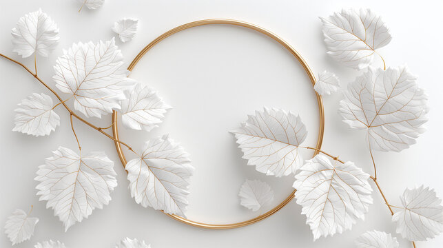 Abstract background with large white leaves and golden circular frame with space for text and for event invitations