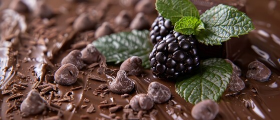 Obraz premium Blackberry on Chocolate Background, Gourmet Dessert with Dark Chocolate and Fresh Berries, Culinary Art and Sweet Treat