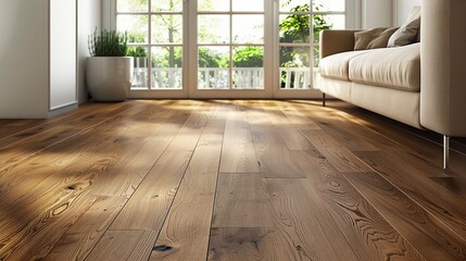 View of the assembled laminate floor in a new apartment after renovation. Nearby there is a beige sofa and a view of the high floor-to-ceiling window.