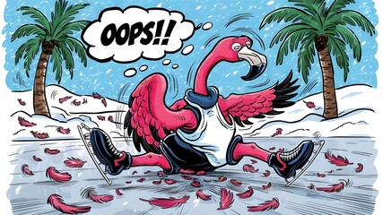 A humorous cartoon of a clumsy flamingo tumbling on the ice, surrounded by scattered feathers in a comic book style