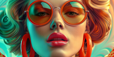 Obraz premium Retro style pastel colors summer background. Fashion woman wearing big sunglasses.