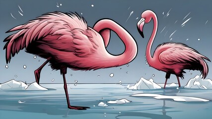 A humorous cartoon of a clumsy flamingo tumbling on the ice, surrounded by scattered feathers in a comic book style