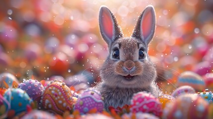 A colorful Easter Bunny holds a basket full of colorful easter eggs. Created usinggenerative AI.