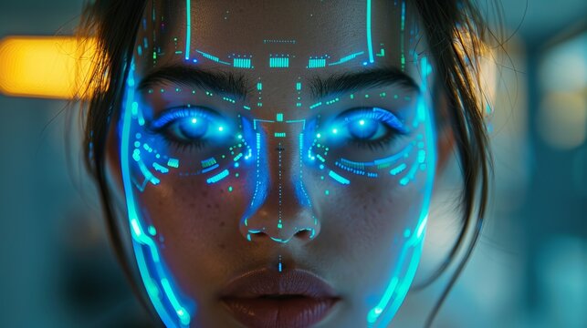 Using blue lights and green lines in the background, the face of artificial intelligence appears in the style of futuristic contraptions, uhd image, textural portraits, mind-bending murals, depth of