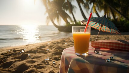 A serene beach scene featuring a glass of fresh juice on a table, partially shaded by a colorful umbrella