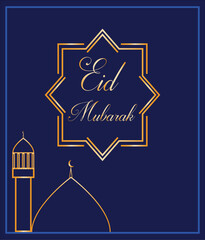 Eid Mubarak Golden color on blue poster of Eid mubarak  Eid mubarok islamic background template isolated calligraphy of happy eid mubarak with golden color