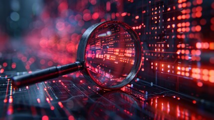 An analysis of data, search engine optimization, or SEO, a magnifier and graphs, an ultraviolet screen, and a neon screen for artificial intelligence.