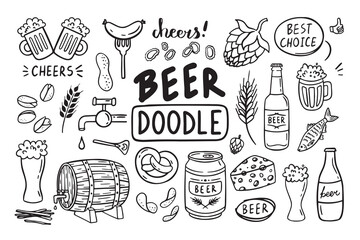 Doodle beer outline set. Hand drawn pub elements.