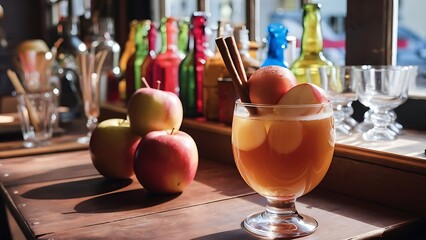 Obraz premium Apple cider in the glass and bottles in cafe