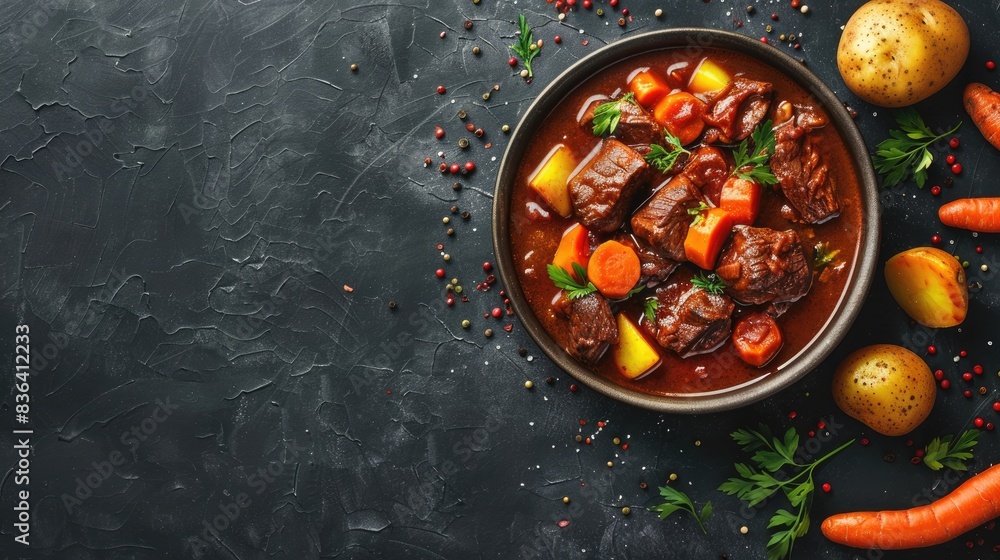 Aufkleber beef stew with potatoes and carrots in tomato sauce on dark background with space for text overhead 
