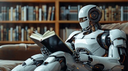Objects of artificial intelligence are sitting on a pile of books and reading books