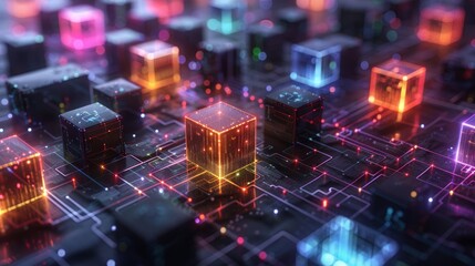 Fototapeta premium Isometric modern illustration of Big Data, AI, and cloud solutions for online schools, classes, and courses. Abstract datacenter or blockchain network background.