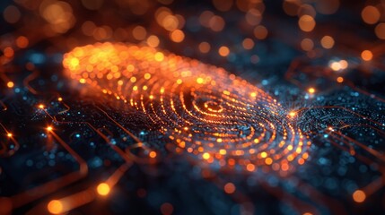 Biometric identity scan and password access via fingerprint. Cybersecurity and data protection concepts.