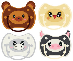 set of colored pacifiers with animal faces, namely with the face of a bear, a chicken, a cow and a donkey, for design, printing or packaging