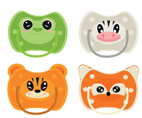 set of colored pacifiers with animal faces, namely with the face of a frog, a tiger, a fox and a zebra, for design, printing or packaging