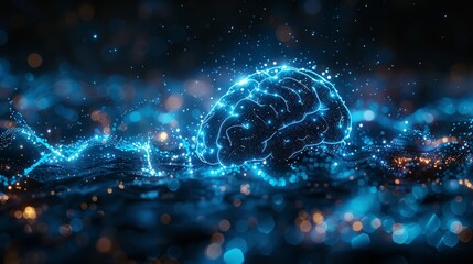An abstract blue polygonal brain hologram on a blurry background. AI and machine learning concept. 3D rendering.