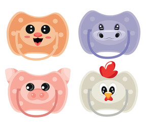 set of colored pacifiers with animal faces, namely with the face of a monkey, a begumo, a rooster and a piglet, for design, printing or packaging