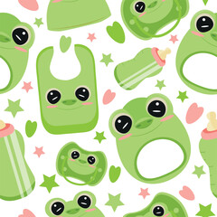 Obraz premium seamless pattern of set of baby things, namely rattle toy, pacifier, feeding bottle, bib and hat with animal image, namely frog, for packaging, design or textile