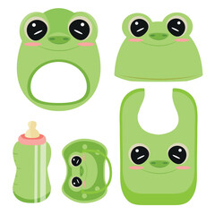 Fototapeta premium set of children's items, namely, a rattle toy, a pacifier, a feeding bottle, a bib and a hat, with an image of an animal, namely a frog, for packaging, design or textile