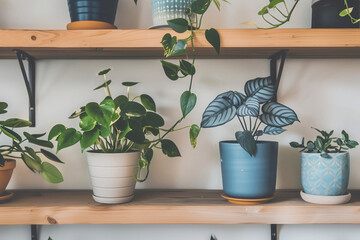 Decorative green houseplants on a living room shelf for modern interior design