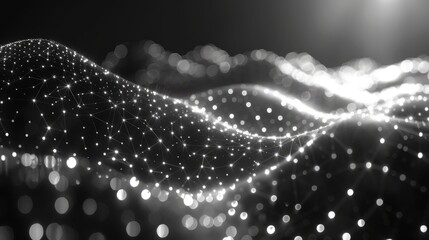 The abstract digital background of points and lines is surrounded by a glowing black plexus. Big data. Network. Abstract technology science background. 3D modern illustration.