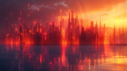 Using artificial intelligence, a smart city and abstract dots are connected by a gradient line.