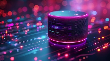 Voice-controlled electronic smart speakers with devices controlled by a virtual assistant. Interactive Ai device modern landing pages.
