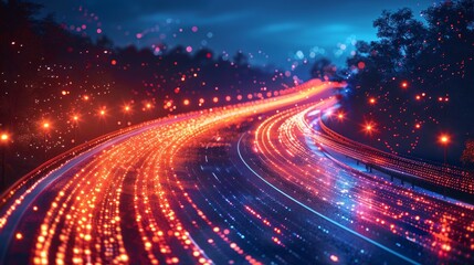 The digital data flow along a road is pictured with the concept of cyber global communication and coding, paired with a graphic that shows the fast speed transfer of data to demonstrate agile digital