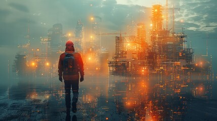 An engineering and technology project concept involving future building construction using a tablet computer and smart industry and Internet of Things software.