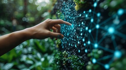 Hand-touching low poly icons created with artificial intelligence (AI) with machine learning and data mining.