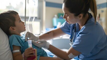 Obraz premium Female nurse in blue scrubs administering medication to a young boy in a hospital setting, emphasizing compassion and healthcare support.