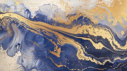 Fototapeta premium Periwinkle and gold paint blending, Ink Shadows, peaceful light pulses within liquid tides, woodblock prints
