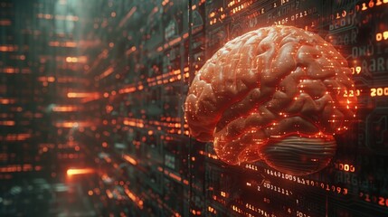 Human brain on a background of programming language in 3D