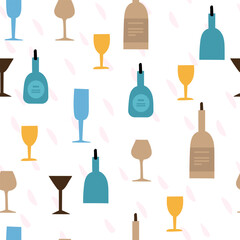 seamless pattern of coloured flat wineglasses and bottles on white background