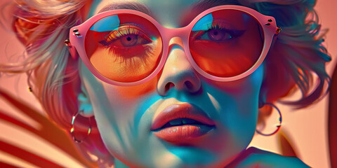 Obraz premium Retro style pastel colors summer background. Fashion woman wearing big sunglasses.